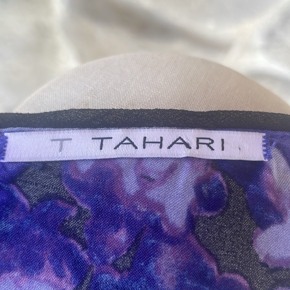 Tahari sheath dress black geometric lace with bright purple floral underlayer - Picture 9 of 12